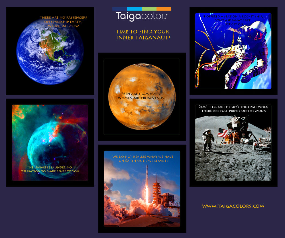 A set of coasters with space theme. Earth, Bubble Nebula, Mars, Space-X, Spacewalk and Moonwalk